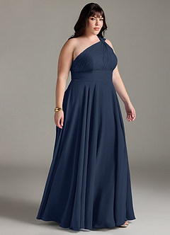 Azazie Charlize Vestidos de damas de honor Vestido de Azul Marino Oscuro de Gasa de Corte en A con Hombro unilateral image10