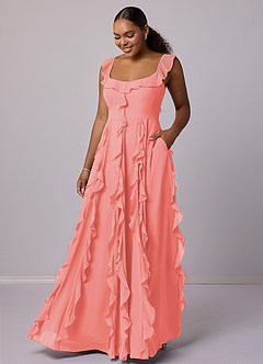 Barbie ♥ Azazie Bridesmaid Dresses Coral A-Line with Pockets Chiffon Dress image7