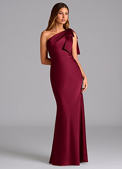 Azazie Yuanna Vestidos de damas de honor Vestido de Borgoña de Satén Elástico de Corte Sirena con Hombro unilateral image5