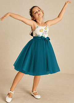 Azazie Jollie Flower Girl Dresses Ink Blue A-Line Spaghetti Strap Tulle Dress image1