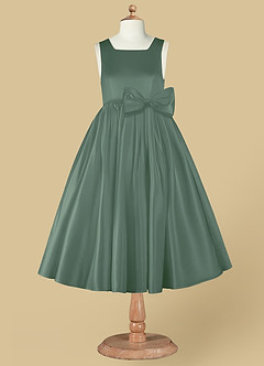 Azazie Bo Peep Blumenmädchenkleider A-Linie Schleifen Matte Satin Kleid Eukalyptus image7