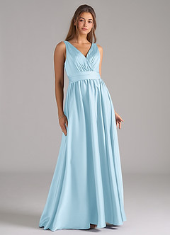 Azazie Kora Vestidos de damas de honor Vestido de Azul Cielo de Satén Elástico de Corte en A con Plisado image1