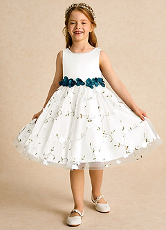 Azazie Starri Flower Girl Dresses Ivory Ink Blue Ball-Gown Beaded Matte Satin Dress image4