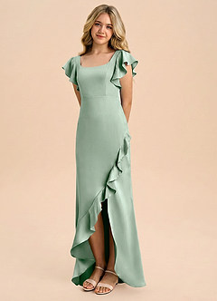 Azazie Demi Junior Agave Mermaid Bow Stretch Satin Dress image1