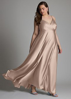 Azazie Amani At-home Try On Dresses Dusty Blue A-Line Pleated Stretch Satin Dress image9