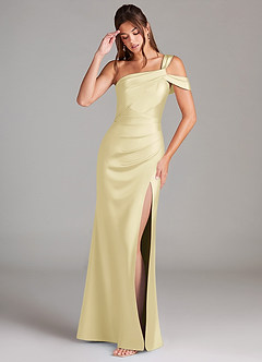Azazie Wynter Bridesmaid Dresses Lemon Sorbet Sheath One Shoulder Stretch Satin Dress image3