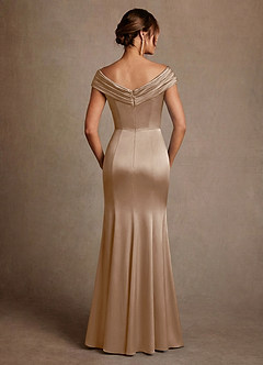 Azazie Aberdeen Mother of the Bride Dresses Taupe Sheath Pleated Stretch Satin Dress image2