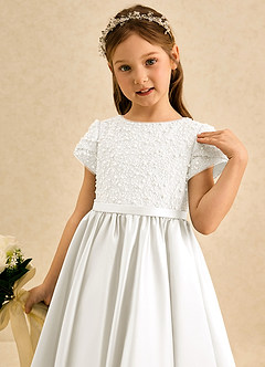 Azazie Cashew Flower Girl Dresses Ivory Ball-Gown with Sleeves Matte Satin Dress image6