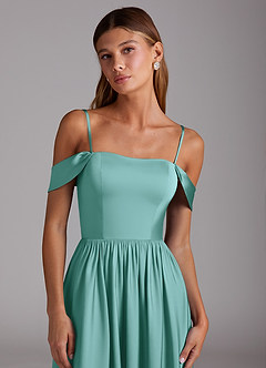 Azazie Calianna Bridesmaid Dresses Aqua A-Line Off the Shoulder Stretch Satin Convertible Dress image2