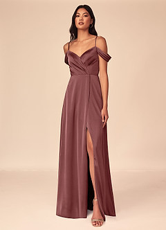 Azazie Ocean Bridesmaid Dresses Amethyst A-Line V-Neck Pleated Stretch Satin Dress image1