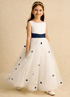 Azazie Cricket Flower Girl Dresses Ivory Dark Navy Ball-Gown Pleated Matte Satin Dress image7