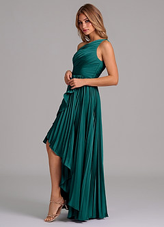 Azazie Lyrica Bridesmaid Dresses Peacock A-Line One Shoulder Stretch Satin Dress image5