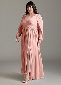 Azazie Norah Robes de demoiselle d'honneur Robe Trapèze en Mousseline de soie Col en V, manches longues Rosette image11