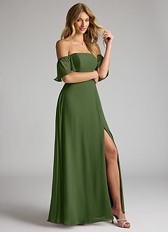 Azazie Sue Jurken voor bruidsmeisjes Converteerbaar Jurk van Chiffon met A-Lijn Off the Shoulder Olijf image5
