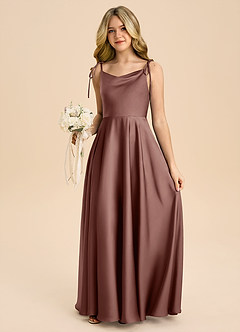 Azazie Popsy Junior Espresso A-Line Bow Stretch Satin Dress image5