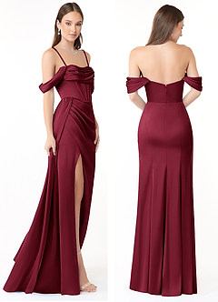 Azazie Amyra At-home Try On Dresses Burgundy Mermaid Off the Shoulder Stretch Satin Convertible Dress image8