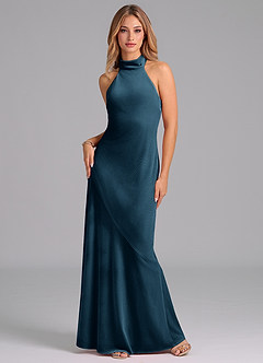 Azazie Velli Vestidos de damas de honor Vestido de Topacio Azul de terciopelo de Corte Sirena con Cuello Alto image1
