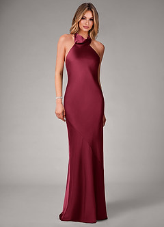 Azazie Velli Robes de demoiselle d'honneur Robe Sirène en Satin extensible Col haut Bourgogne image4