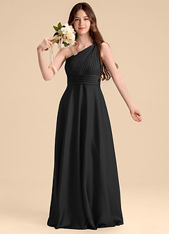 Azazie Charlize Junior A라인 주름진 스트레치 새틴 플로어 길이 주니어 신부 들러리 드레스 image6