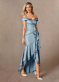 Azazie Billings Mère de la mariée Robes Robe Sirène en Satin extensible Épaule décolletée Bleu Poussiéreux image6
