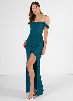 Azazie Kit Bridesmaid Dresses Ink Blue Mermaid Off the Shoulder Mesh Dress image3