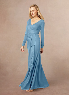 Azazie Risa Mother of the Bride Dresses Steel Blue Mermaid V-Neck Pleated Mesh Dress image2