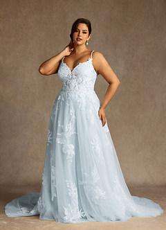 Azazie Lorenza Wedding Dresses Misty Blue A-Line V-Neck Sequins Tulle Dress image10