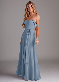 Azazie Aaron Bridesmaid Dresses Dusty Blue A-Line Off the Shoulder Chiffon Convertible Dress image5