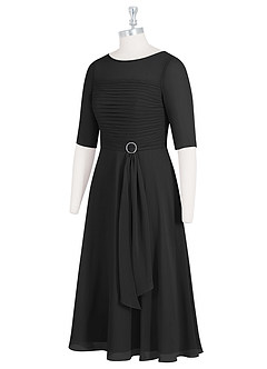 Azazie Naomi Abiti per la Madre della Sposa Abito A-Line in Chiffon Plissettato con Scollo a Barca Nero image9