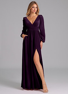 Azazie Norah Bridesmaid Dresses Grape A-Line Long Sleeve Velvet Dress image5