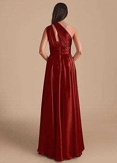 Azazie Charlize Bridesmaid Dresses Rust A-Line One Shoulder Metallic Satin Dress image2