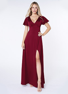 Azazie Lani Bridesmaid Dresses Burgundy A-Line Flounce Sleeve Stretch Satin Dress image1