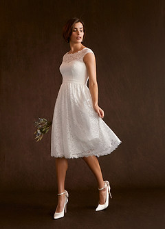 Azazie Ginnie At-home Try On Dresses Diamond White A-Line Lace Dress image3