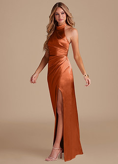 Azazie Jemma Bridesmaid Dresses Burnt Orange Sheath Pleated Metallic Satin Dress image4