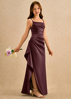 Azazie Cannoli Girls Formal Robe Demoiselle D'honneur Fillette Robe Trapèze en Mat Satiné Plissée Sangria image1