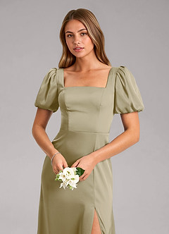Azazie Fyona Vestidos de damas de honor Vestido de Musgo Verde de Satén Elástico de Corte en A con Plisado image6