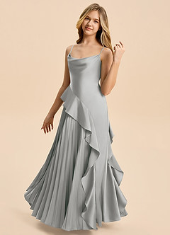 Azazie Lala Junior A-Linie Gestreift Stretch-Satin Kleid Silber image2