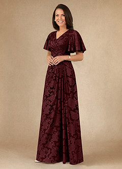 Azazie Emmeline Mother of the Bride Dresses Cabernet A-Line Pleated Floral Burnout Dress image3