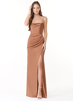 Azazie Leonis Bridesmaid Dresses Bronzer Mermaid Pleated Stretch Satin Convertible Dress image1
