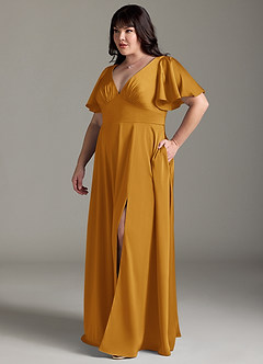 Azazie Kimber Bridesmaid Dresses Butterscotch A-Line Ruched Stretch Satin Dress image10