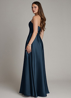 Azazie Meleena Robes de demoiselle d'honneur Robe Trapèze en Satin extensible Bustier Bleu Marine Foncé image3