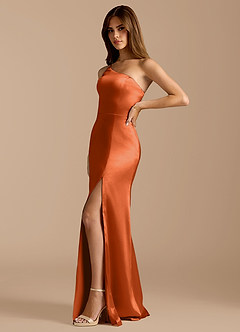 Azazie Trina Bridesmaid Dresses Burnt Orange A-Line One Shoulder Metallic Satin Dress image5