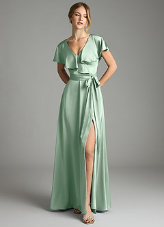 Azazie Lainey Bridesmaid Dresses Agave A-Line with Pockets Stretch Satin Dress image3