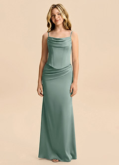 Azazie Sorrel Junior Silver Sage Mermaid Ruched Stretch Satin Dress image6