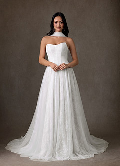 Azazie Adriana Wedding Dresses Diamond White A-Line Strapless Lace Dress image1
