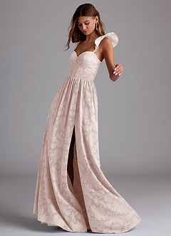 Azazie Denisse Bridesmaid Dresses Blushing Pink A-Line Ruched Floral Burnout Dress image2