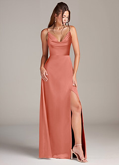 Azazie Sarella Robes de demoiselle d'honneur Robe Trapèze en Satin extensible Plissée Rose Saumon image2