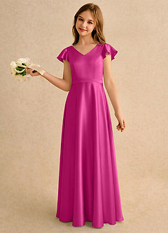 Azazie Nari Girls Formal Robe Demoiselle D'honneur Fillette Robe Trapèze en Satin extensible avec manches Fuchsia image1