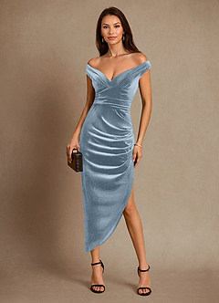 Azazie Nabila Mother of the Bride Dresses Dusty Blue Column Off the Shoulder Velvet Dress image4