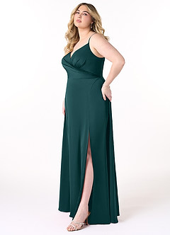 Azazie Dalilah Brautjungfernkleider A-Linie V-Hals Gefaltet Stretch-Satin Kleid Kiefer image8